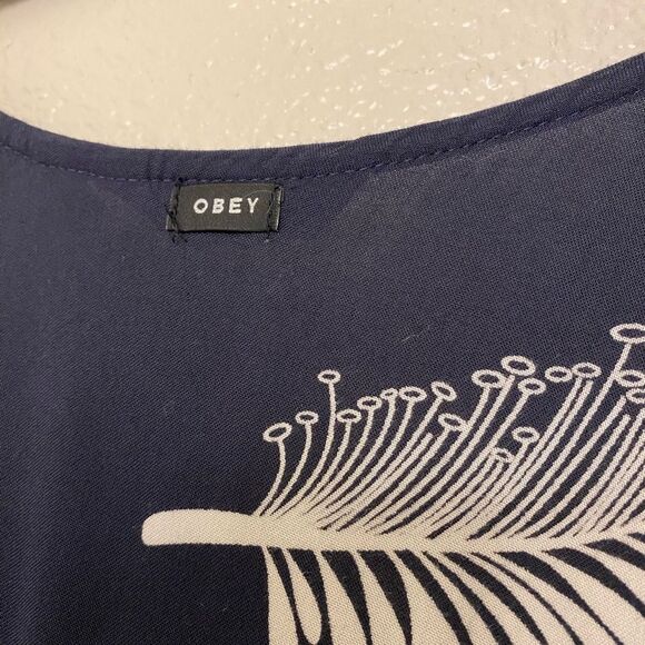 Obey navy blue front tie V-neck summer dress feather fern 100% viscose small - Picture 12 of 12